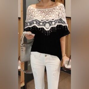 Boho Girly Short Sleeve Blouse Shirt Top Crochet White Casual Junior size LARGE